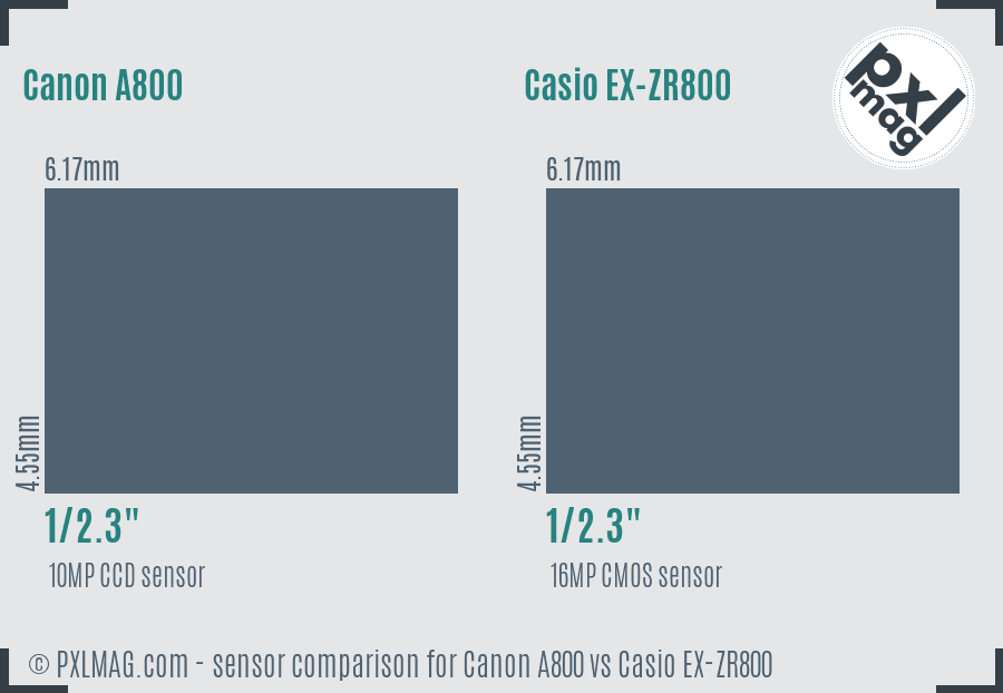 Canon A800 vs Casio EX-ZR800 sensor size comparison