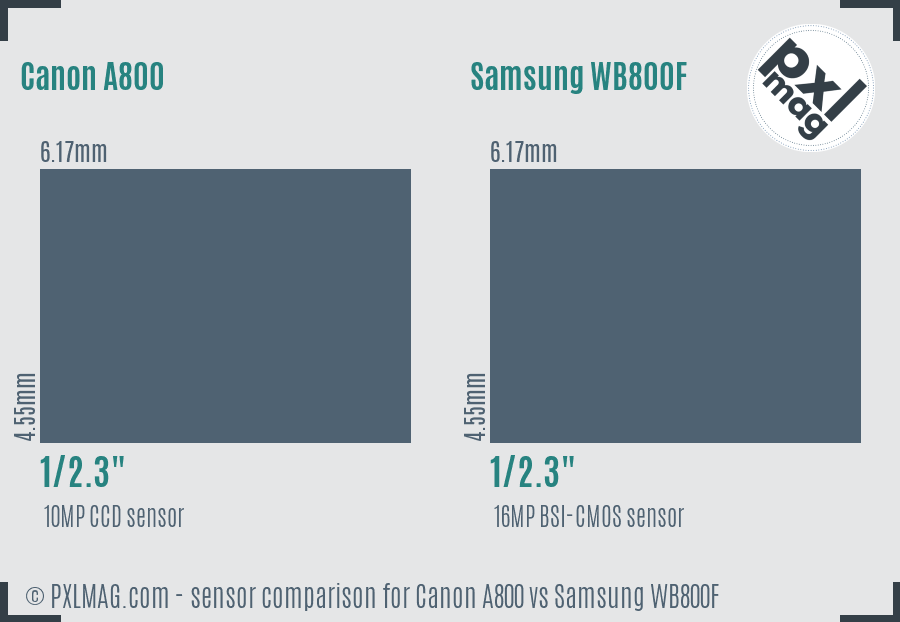 Canon A800 vs Samsung WB800F sensor size comparison