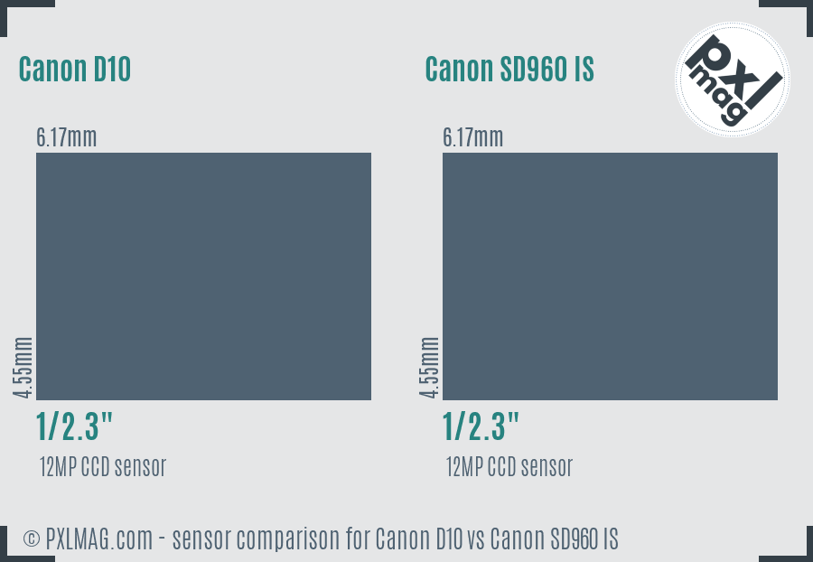 Canon D10 vs Canon SD960 IS sensor size comparison