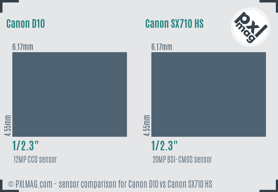 Canon D10 vs Canon SX710 HS sensor size comparison
