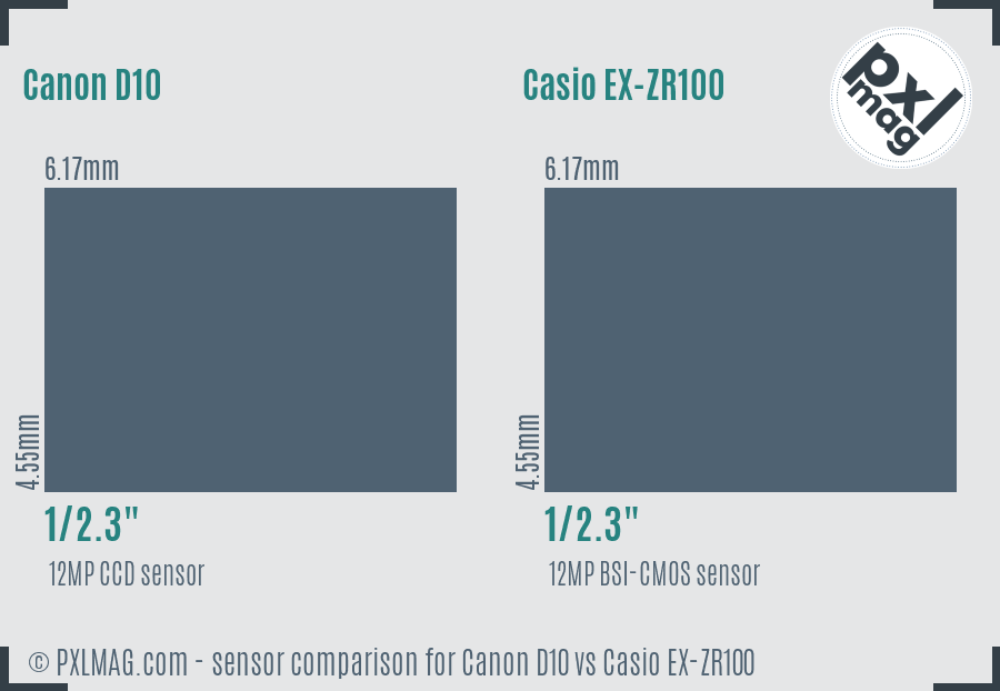 Canon D10 vs Casio EX-ZR100 sensor size comparison Canon D10 vs Casio EX-ZR100 sensor size comparison