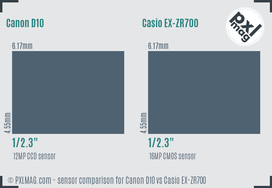 Canon D10 vs Casio EX-ZR700 sensor size comparison