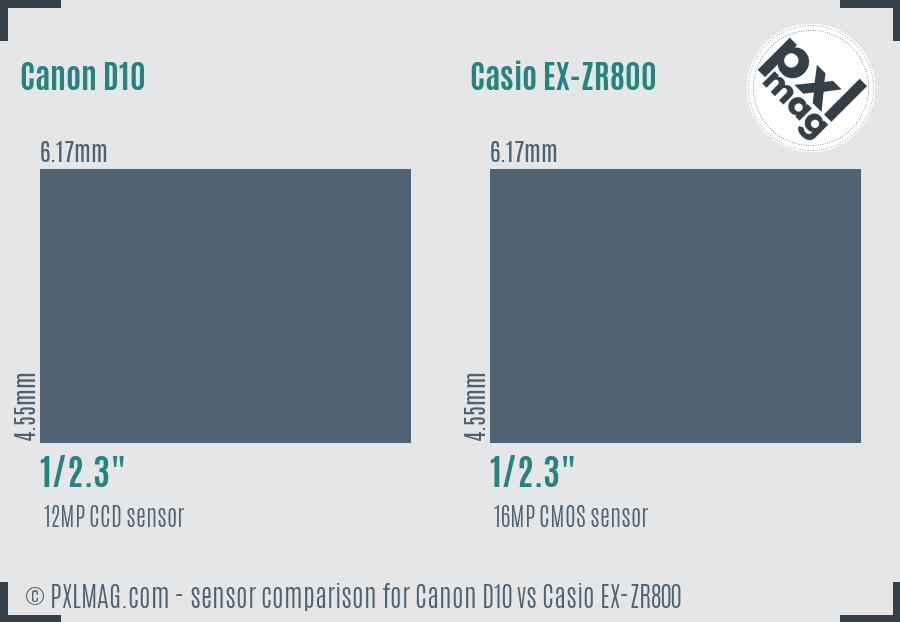 Canon D10 vs Casio EX-ZR800 sensor size comparison