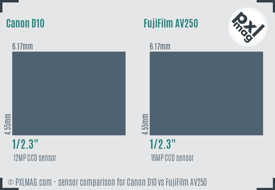 Canon D10 vs FujiFilm AV250 sensor size comparison