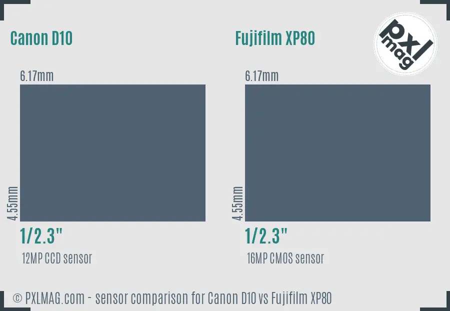 Canon D10 vs Fujifilm XP80 sensor size comparison