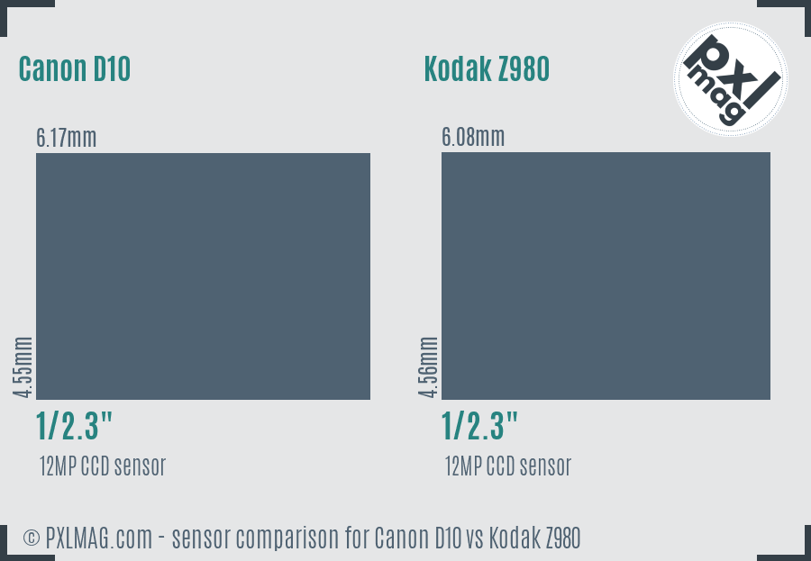 Canon D10 vs Kodak Z980 sensor size comparison