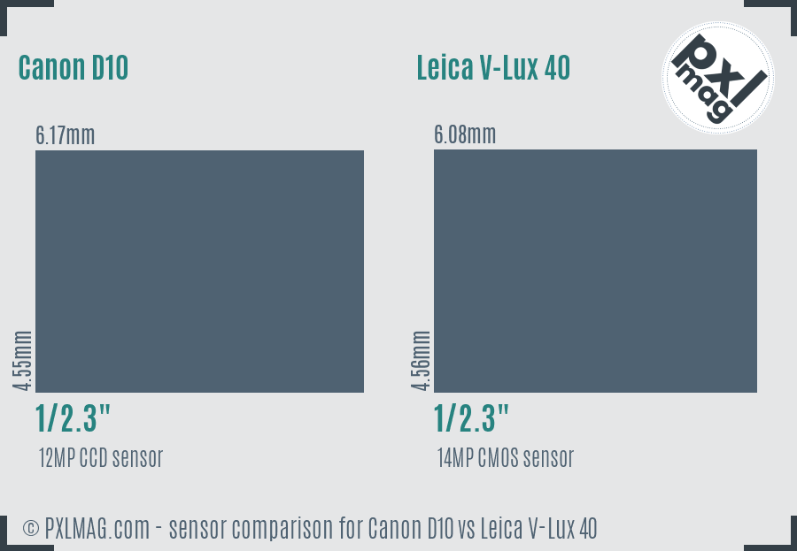 Canon D10 vs Leica V-Lux 40 sensor size comparison