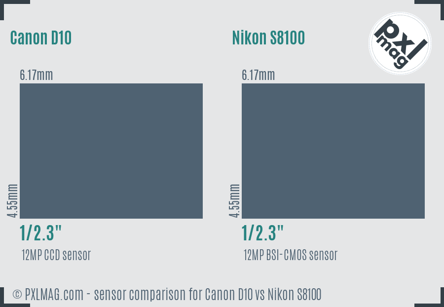 Canon D10 vs Nikon S8100 sensor size comparison