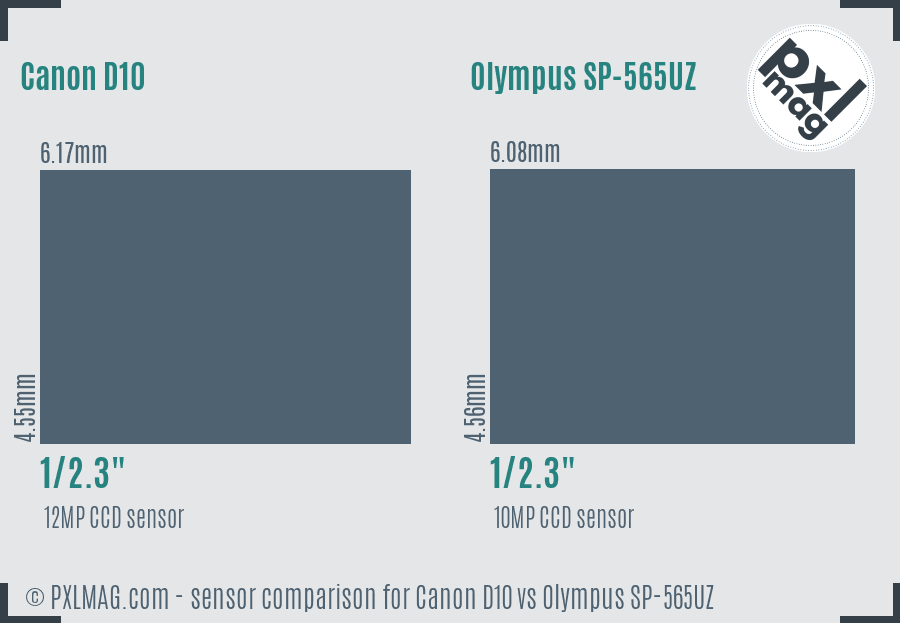 Canon D10 vs Olympus SP-565UZ sensor size comparison