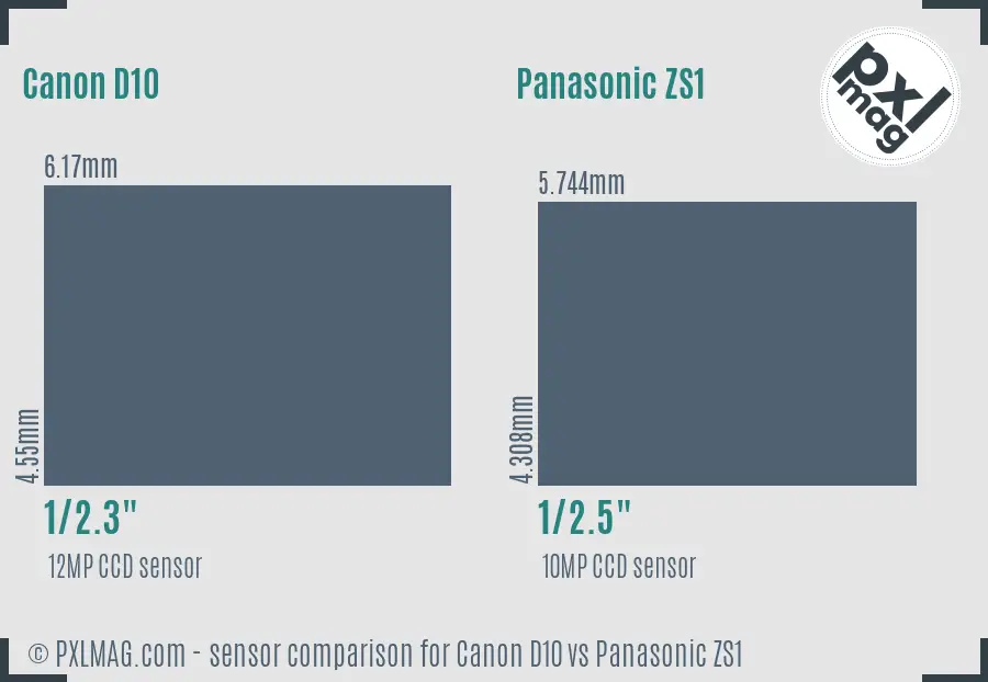 Canon D10 vs Panasonic ZS1 sensor size comparison