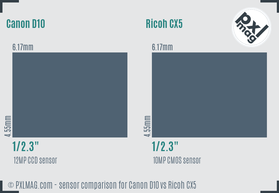 Canon D10 vs Ricoh CX5 sensor size comparison