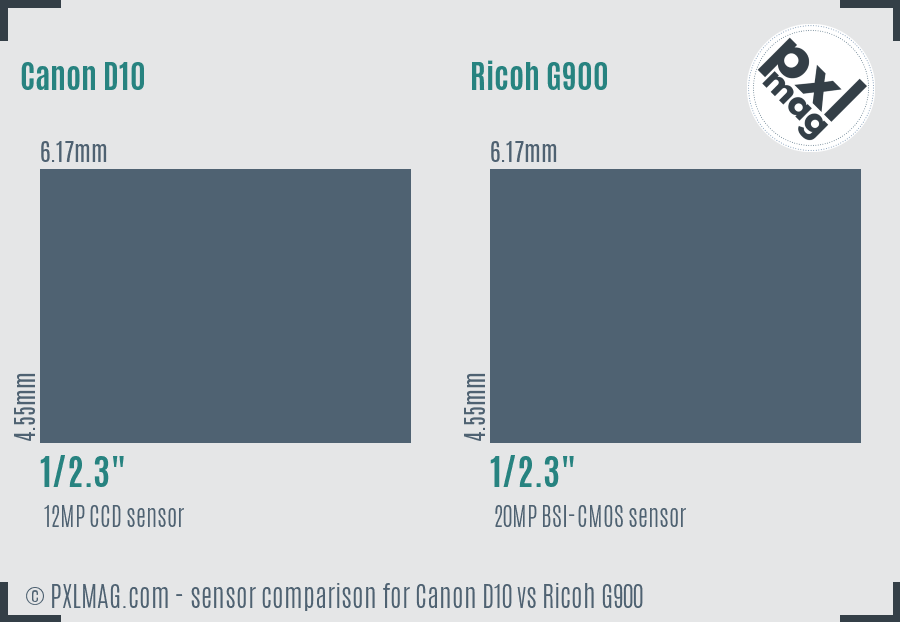Canon D10 vs Ricoh G900 sensor size comparison