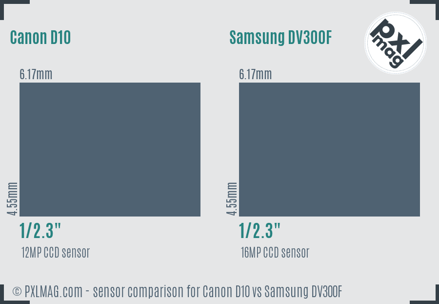 Canon D10 vs Samsung DV300F sensor size comparison