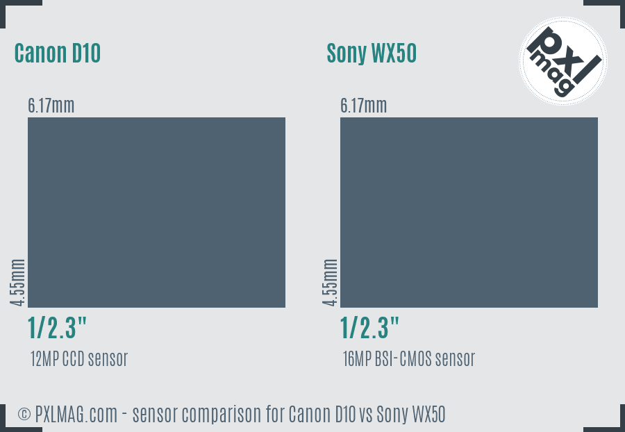 Canon D10 vs Sony WX50 sensor size comparison