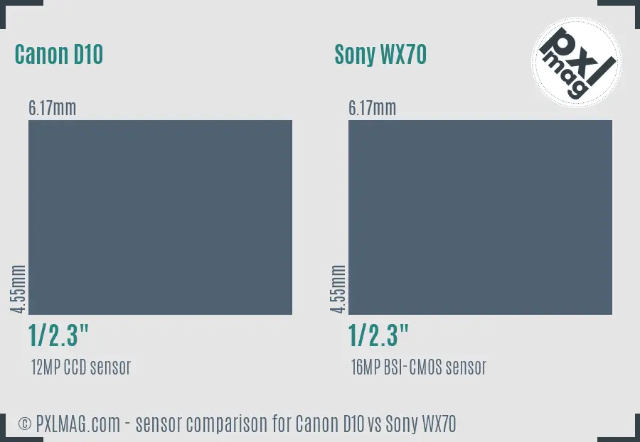 Canon D10 vs Sony WX70 sensor size comparison