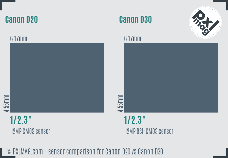 Canon D20 vs Canon D30 sensor size comparison