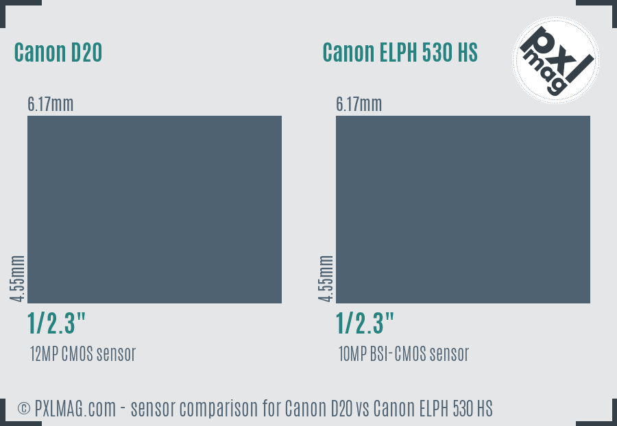 Canon D20 vs Canon ELPH 530 HS sensor size comparison