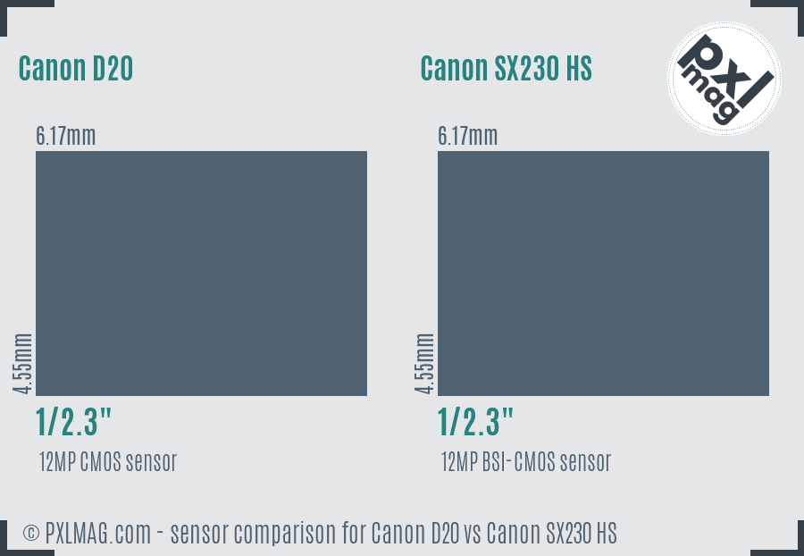 Canon D20 vs Canon SX230 HS sensor size comparison