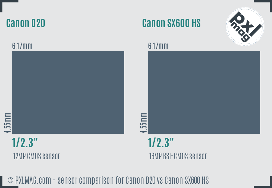 Canon D20 vs Canon SX600 HS sensor size comparison