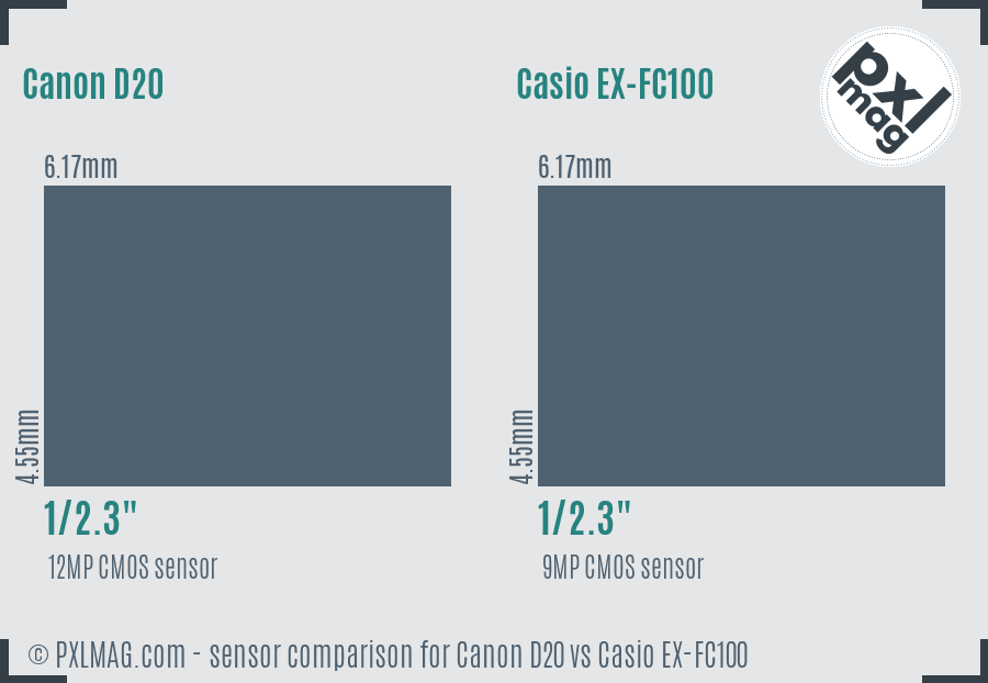 Canon D20 vs Casio EX-FC100 sensor size comparison