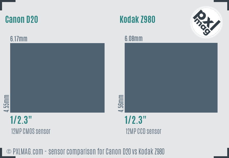 Canon D20 vs Kodak Z980 sensor size comparison