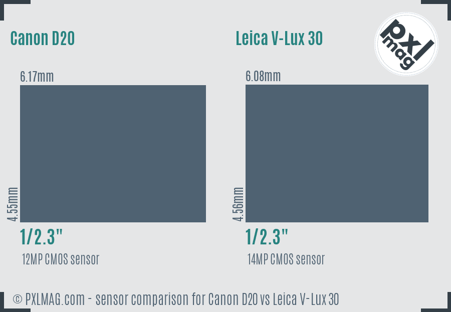 Canon D20 vs Leica V-Lux 30 sensor size comparison