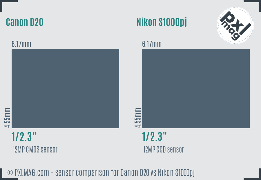 Canon D20 vs Nikon S1000pj sensor size comparison