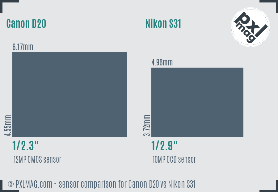 Canon D20 vs Nikon S31 sensor size comparison