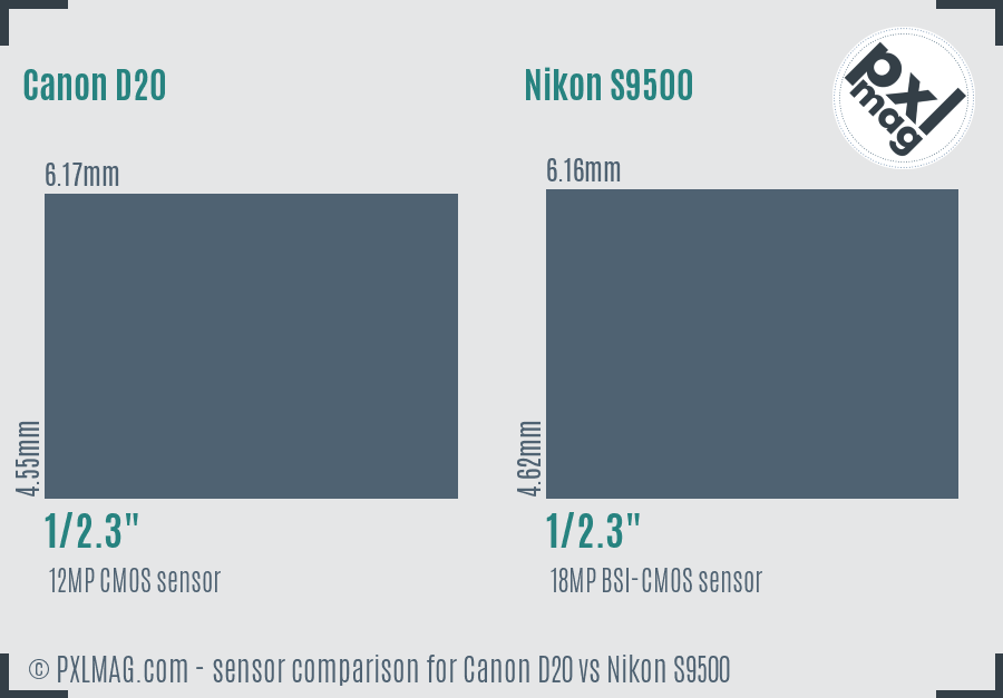Canon D20 vs Nikon S9500 sensor size comparison