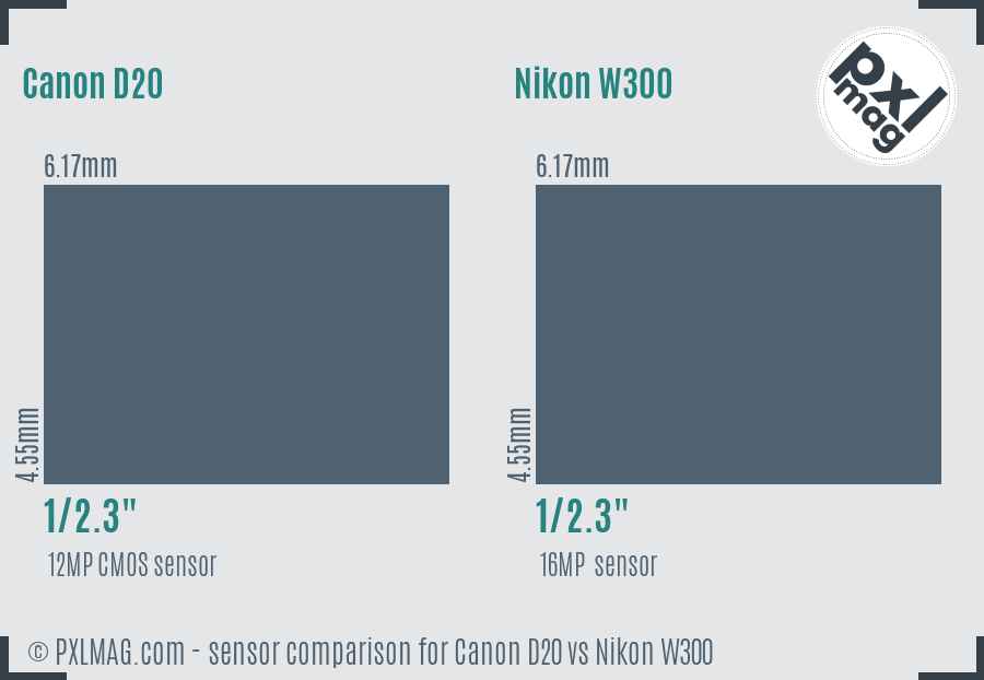 Canon D20 vs Nikon W300 sensor size comparison