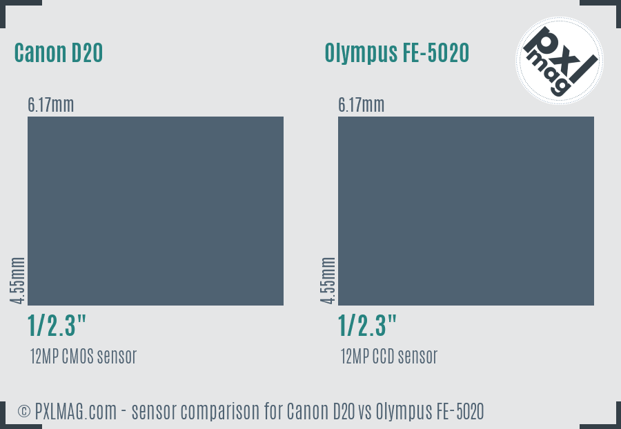 Canon D20 vs Olympus FE-5020 sensor size comparison