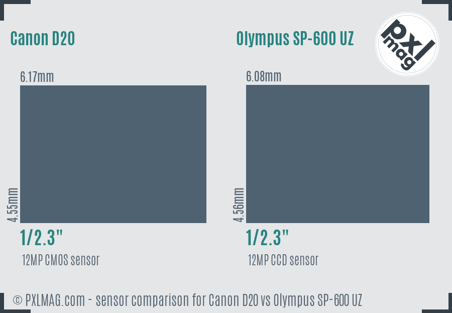 Canon D20 vs Olympus SP-600 UZ sensor size comparison