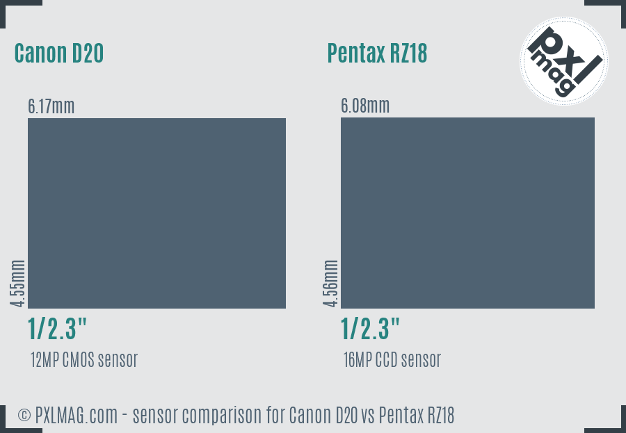 Canon D20 vs Pentax RZ18 sensor size comparison