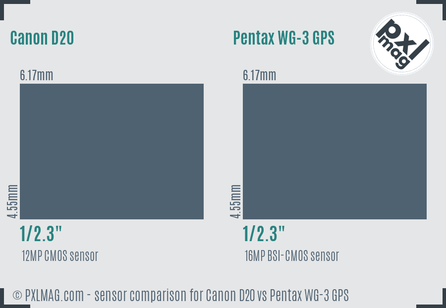 Canon D20 vs Pentax WG-3 GPS sensor size comparison