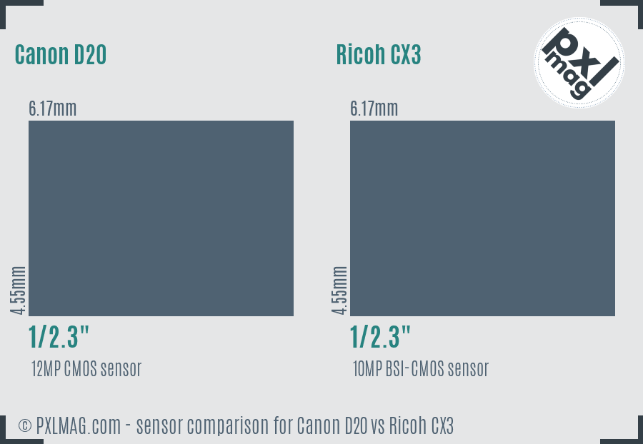 Canon D20 vs Ricoh CX3 sensor size comparison