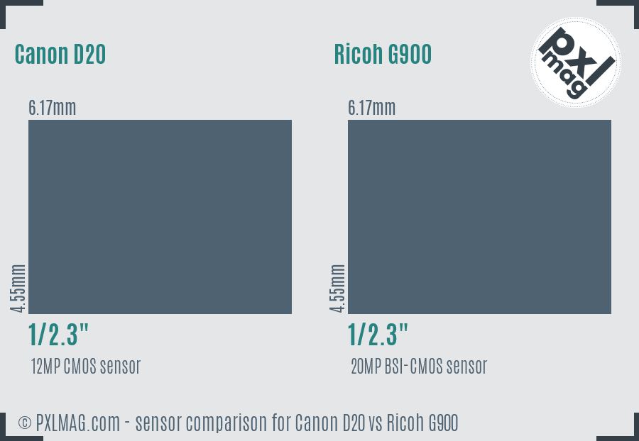 Canon D20 vs Ricoh G900 sensor size comparison