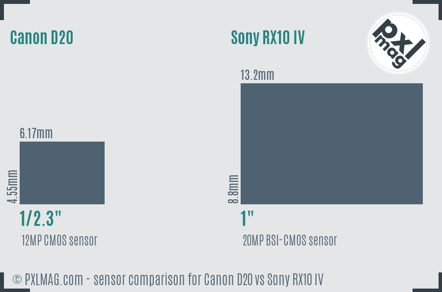 Canon D20 vs Sony RX10 IV sensor size comparison