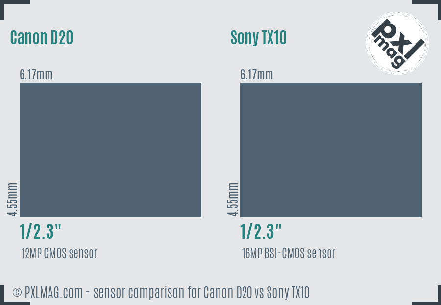 Canon D20 vs Sony TX10 sensor size comparison
