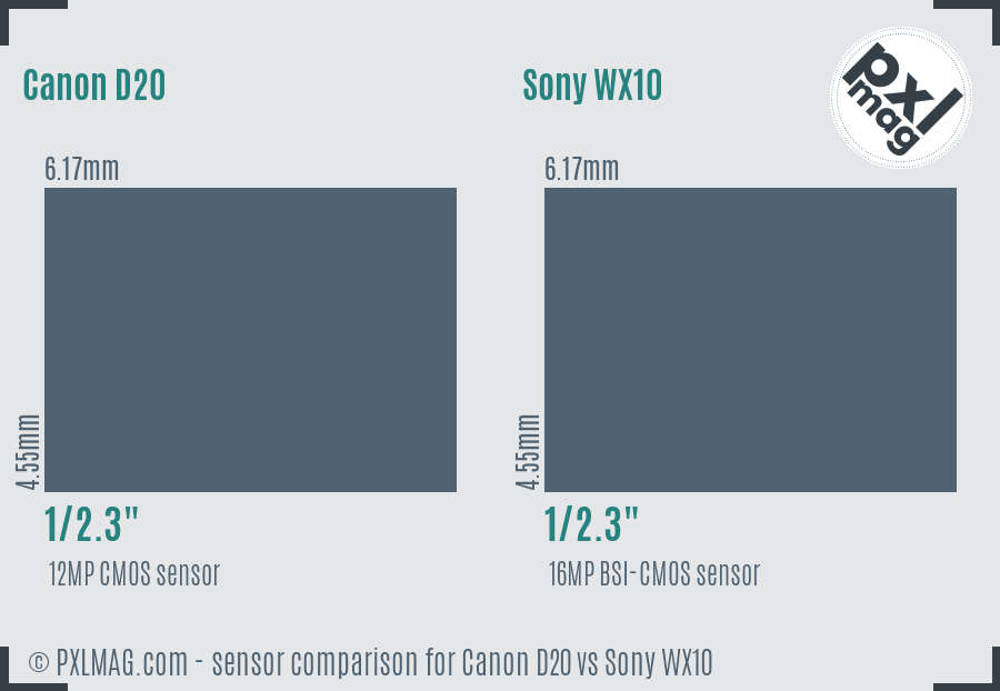 Canon D20 vs Sony WX10 sensor size comparison