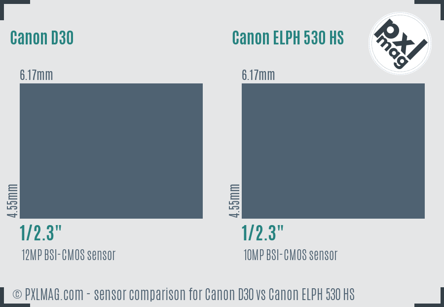 Canon D30 vs Canon ELPH 530 HS sensor size comparison