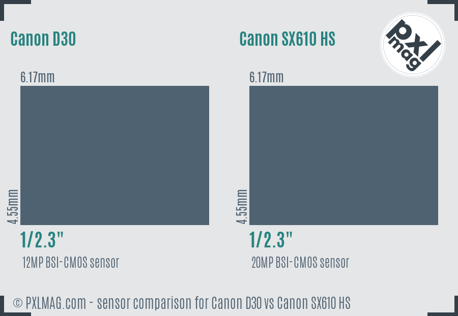 Canon D30 vs Canon SX610 HS sensor size comparison