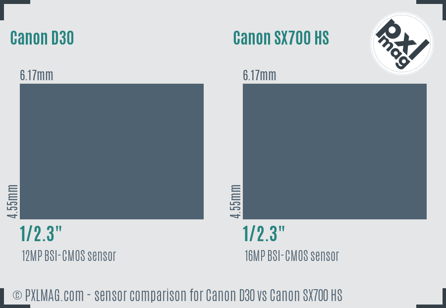 Canon D30 vs Canon SX700 HS sensor size comparison