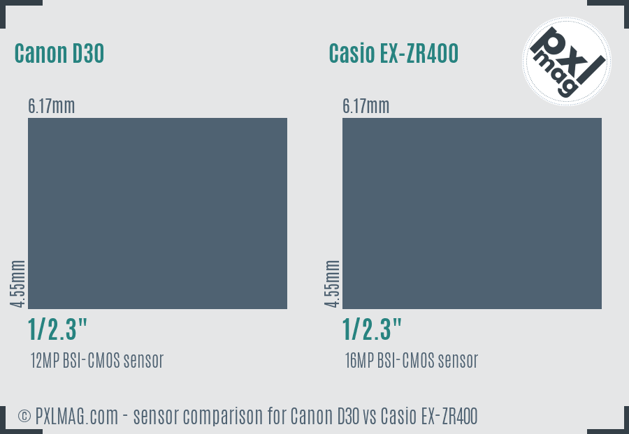 Canon D30 vs Casio EX-ZR400 sensor size comparison