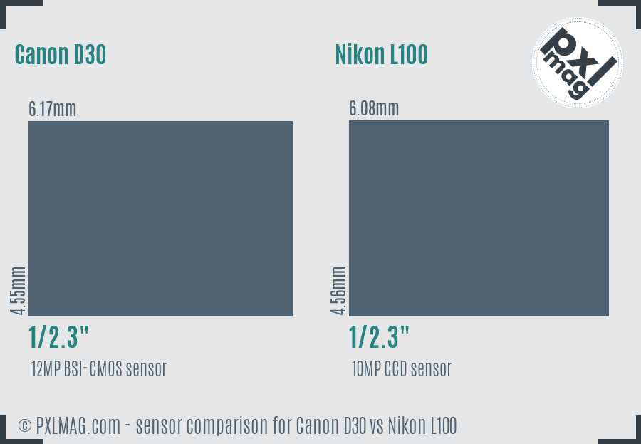 Canon D30 vs Nikon L100 sensor size comparison