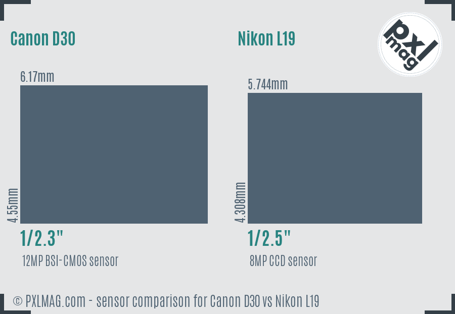 Canon D30 vs Nikon L19 sensor size comparison