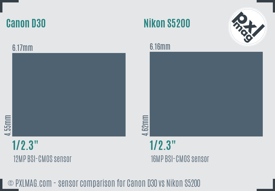 Canon D30 vs Nikon S5200 sensor size comparison