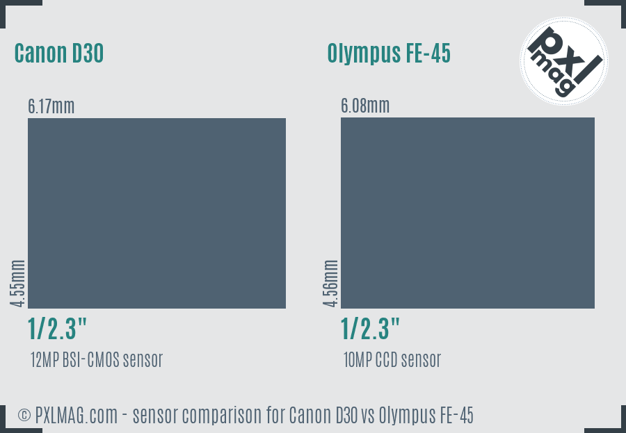 Canon D30 vs Olympus FE-45 sensor size comparison