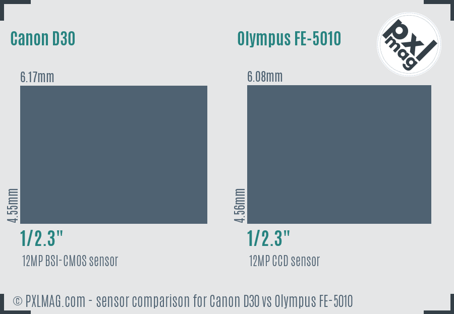 Canon D30 vs Olympus FE-5010 sensor size comparison