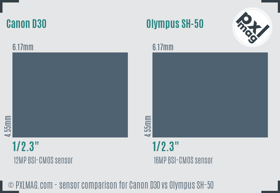 Canon D30 vs Olympus SH-50 sensor size comparison