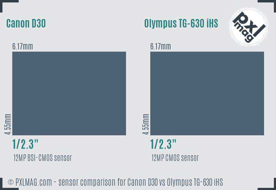 Canon D30 vs Olympus TG-630 iHS sensor size comparison